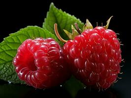 AI generated Fresh Ripe Raspberry on Black background, Juicy and tasty Fruit, Healthy Food photo