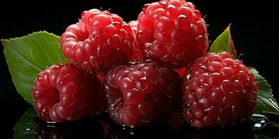 AI generated Fresh Ripe Raspberry on Black background, Juicy and tasty Fruit, Healthy Food photo