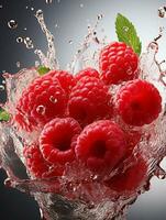 AI generated Fresh Ripe Raspberry with Splash effect, Juicy and tasty Fruit, Healthy Food photo