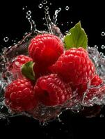 AI generated Fresh Ripe Raspberry with Splash effect, Juicy and tasty Fruit, Healthy Food photo