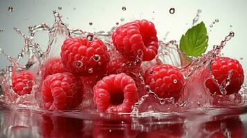 AI generated Fresh Ripe Raspberry with Splash effect, Juicy and tasty Fruit, Healthy Food photo