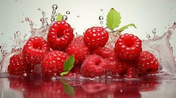 AI generated Fresh Ripe Raspberry with Splash effect, Juicy and tasty Fruit, Healthy Food photo