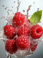 AI generated Fresh Ripe Raspberry with Splash effect, Juicy and tasty Fruit, Healthy Food photo