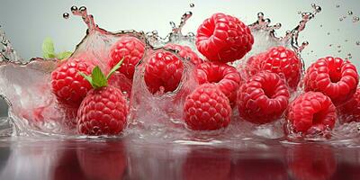 AI generated Fresh Ripe Raspberry with Splash effect, Juicy and tasty Fruit, Healthy Food photo