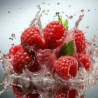 AI generated Fresh Ripe Raspberry with Splash effect, Juicy and tasty Fruit, Healthy Food photo