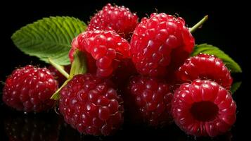 AI generated Fresh Ripe Raspberry on Black background, Juicy and tasty Fruit, Healthy Food photo