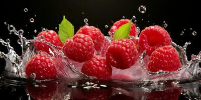 AI generated Fresh Ripe Raspberry with Splash effect, Juicy and tasty Fruit, Healthy Food photo