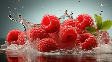 AI generated Fresh Ripe Raspberry with Splash effect, Juicy and tasty Fruit, Healthy Food photo