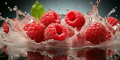 AI generated Fresh Ripe Raspberry with Splash effect, Juicy and tasty Fruit, Healthy Food photo