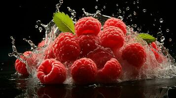 AI generated Fresh Ripe Raspberry with Splash effect, Juicy and tasty Fruit, Healthy Food photo