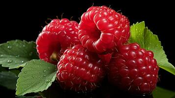 AI generated Fresh Ripe Raspberry on Black background, Juicy and tasty Fruit, Healthy Food photo