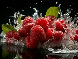 AI generated Fresh Ripe Raspberry with Splash effect, Juicy and tasty Fruit, Healthy Food photo