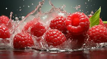 AI generated Fresh Ripe Raspberry with Splash effect, Juicy and tasty Fruit, Healthy Food photo