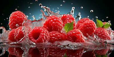 AI generated Fresh Ripe Raspberry with Splash effect, Juicy and tasty Fruit, Healthy Food photo