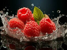 AI generated Fresh Ripe Raspberry with Splash effect, Juicy and tasty Fruit, Healthy Food photo