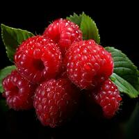 AI generated Fresh Ripe Raspberry on Black background, Juicy and tasty Fruit, Healthy Food photo