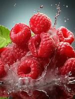 AI generated Fresh Ripe Raspberry with Splash effect, Juicy and tasty Fruit, Healthy Food photo