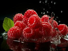 AI generated Fresh Ripe Raspberry with Splash effect, Juicy and tasty Fruit, Healthy Food photo