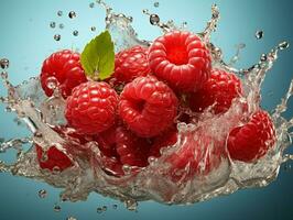AI generated Fresh Ripe Raspberry with Splash effect, Juicy and tasty Fruit, Healthy Food photo