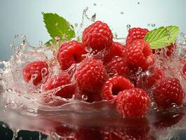 AI generated Fresh Ripe Raspberry with Splash effect, Juicy and tasty Fruit, Healthy Food photo