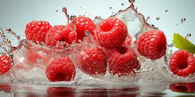 AI generated Fresh Ripe Raspberry with Splash effect, Juicy and tasty Fruit, Healthy Food photo