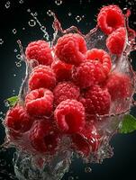 AI generated Fresh Ripe Raspberry with Splash effect, Juicy and tasty Fruit, Healthy Food photo