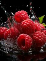 AI generated Fresh Ripe Raspberry with Splash effect, Juicy and tasty Fruit, Healthy Food photo