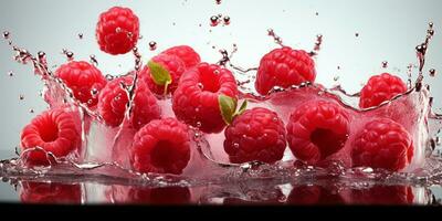 AI generated Fresh Ripe Raspberry with Splash effect, Juicy and tasty Fruit, Healthy Food photo