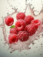 AI generated Fresh Ripe Raspberry with Splash effect, Juicy and tasty Fruit, Healthy Food photo