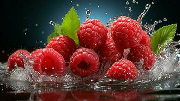 AI generated Fresh Ripe Raspberry with Splash effect, Juicy and tasty Fruit, Healthy Food photo