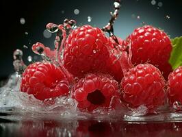 AI generated Fresh Ripe Raspberry with Splash effect, Juicy and tasty Fruit, Healthy Food photo