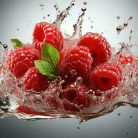 AI generated Fresh Ripe Raspberry with Splash effect, Juicy and tasty Fruit, Healthy Food photo