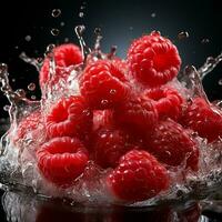 AI generated Fresh Ripe Raspberry with Splash effect, Juicy and tasty Fruit, Healthy Food photo