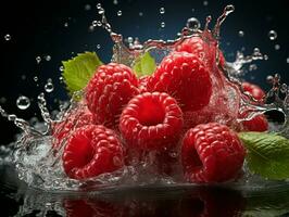 AI generated Fresh Ripe Raspberry with Splash effect, Juicy and tasty Fruit, Healthy Food photo