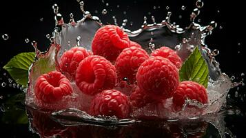 AI generated Fresh Ripe Raspberry with Splash effect, Juicy and tasty Fruit, Healthy Food photo