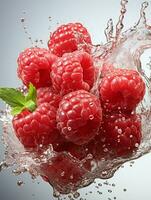 AI generated Fresh Ripe Raspberry with Splash effect, Juicy and tasty Fruit, Healthy Food photo