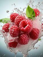 AI generated Fresh Ripe Raspberry with Splash effect, Juicy and tasty Fruit, Healthy Food photo