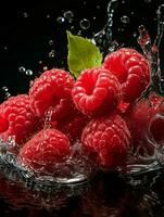 AI generated Fresh Ripe Raspberry with Splash effect, Juicy and tasty Fruit, Healthy Food photo