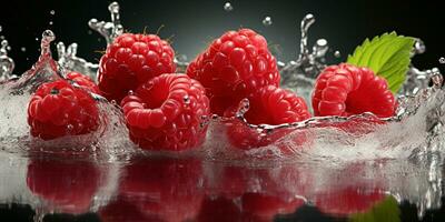 AI generated Fresh Ripe Raspberry with Splash effect, Juicy and tasty Fruit, Healthy Food photo