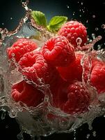 AI generated Fresh Ripe Raspberry with Splash effect, Juicy and tasty Fruit, Healthy Food photo