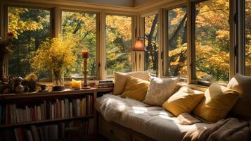 AI generated Interior Design Cozy modern Reading Nook, Warm light Radiate peaceful and serene atmosphere, home decoration in a country house, comfort at home photo