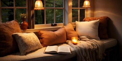 AI generated Interior Design Cozy modern Reading Nook, Warm light Radiate peaceful and serene atmosphere, home decoration in a country house, comfort at home photo