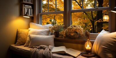 AI generated Interior Design Cozy modern Reading Nook, Warm light Radiate peaceful and serene atmosphere, home decoration in a country house, comfort at home photo