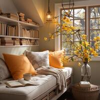 AI generated Interior Design Cozy modern Reading Nook, Warm light Radiate peaceful and serene atmosphere, home decoration in a country house, comfort at home photo