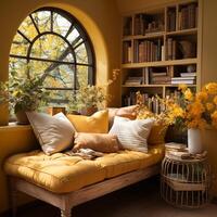 AI generated Interior Design Cozy modern Reading Nook, Warm light Radiate peaceful and serene atmosphere, home decoration in a country house, comfort at home photo