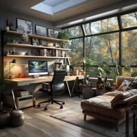 AI generated Interior design modern home office, Comfortable workplace, desk with computer monitor, stylish study room, beautiful home studio photo