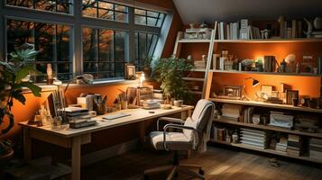 ai generado interior diseño moderno hogar oficina, cómodo lugar de trabajo, escritorio con computadora monitor, elegante estudiar habitación, hermosa hogar estudio foto