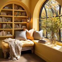 AI generated Interior Design Cozy modern Reading Nook, Warm light Radiate peaceful and serene atmosphere, home decoration in a country house, comfort at home photo