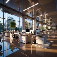 AI generated Interior design Modern Creative office foyer, Corporate open workspace, Co working office room photo