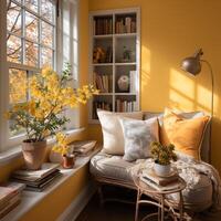 AI generated Interior Design Cozy modern Reading Nook, Warm light Radiate peaceful and serene atmosphere, home decoration in a country house, comfort at home photo